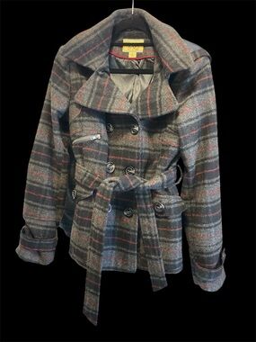 Maralyn & Me Gray Plaid Peacoat with Red Stripe